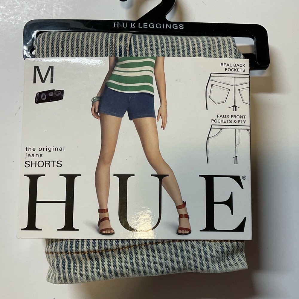 NWT Women’s HUE The Original Jeans Shorts‎ Pinstripe Faded Chambray Medium 8-10